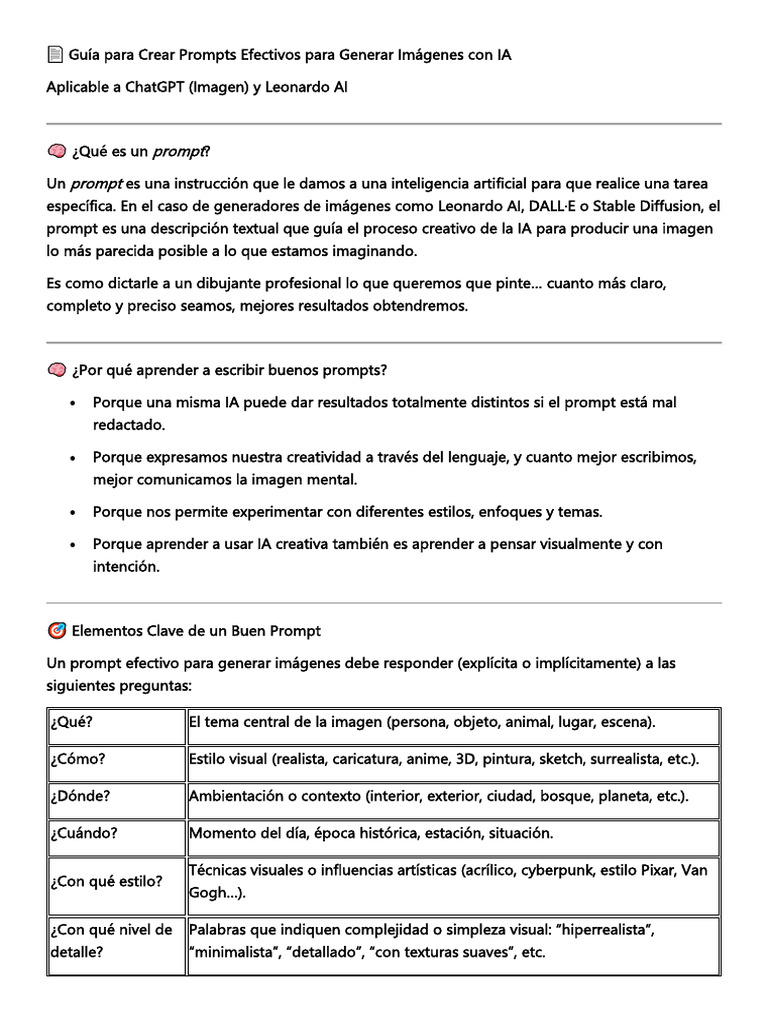 Guía para Crear Prompts Efectivos para Generar Imágenes Con IA | PDF ...