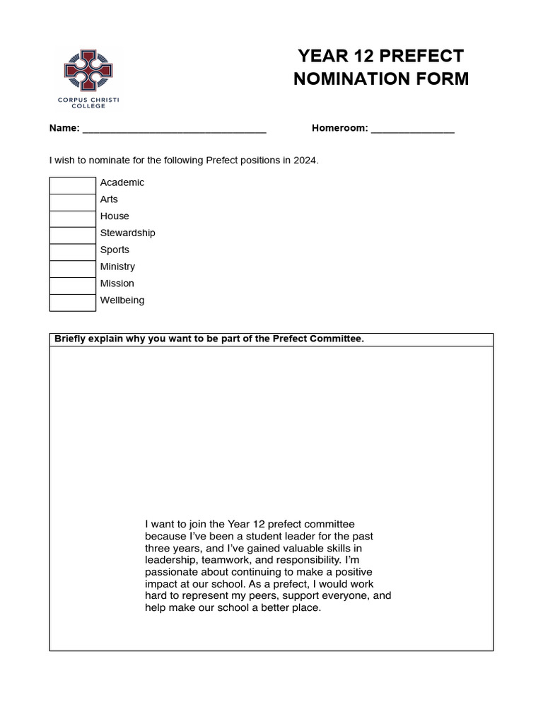 Year 12 Prefect Nomination Form | PDF