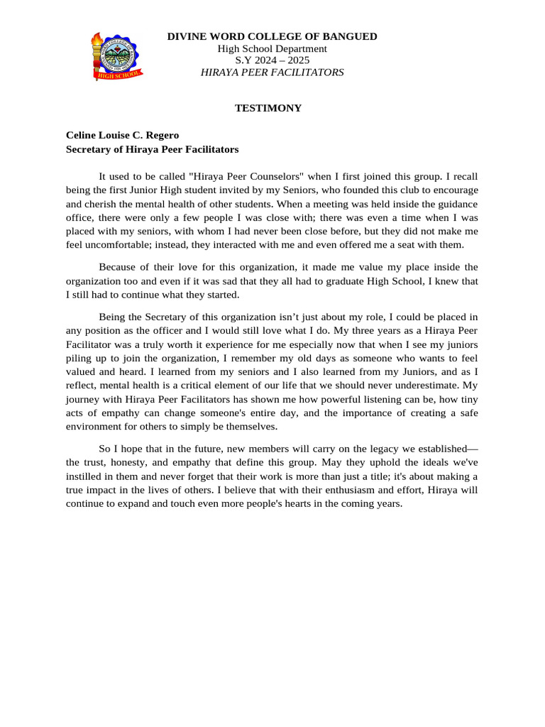 Hiraya Peer Facilitators Testimony | PDF