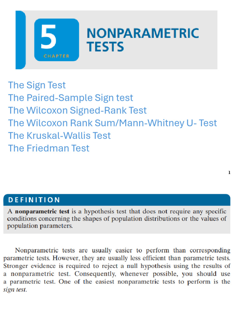 Nonparametric Statistical Tests Guide | PDF | Mann–Whitney U Test | Tests