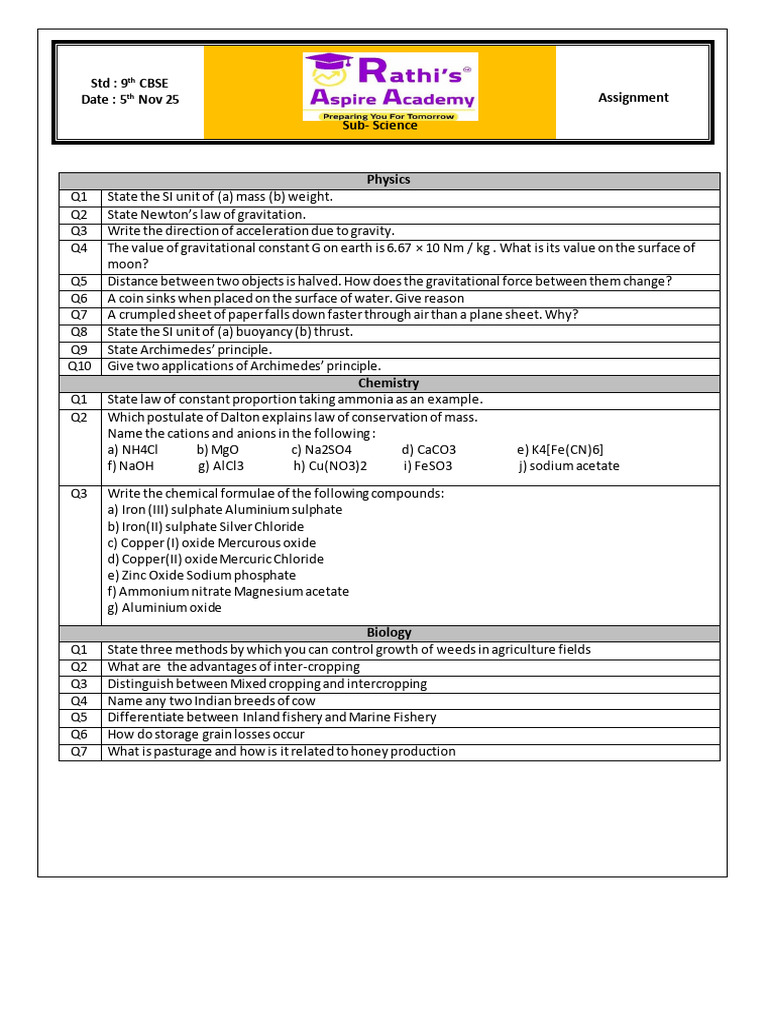 9th Grade CBSE Science Assignment | PDF