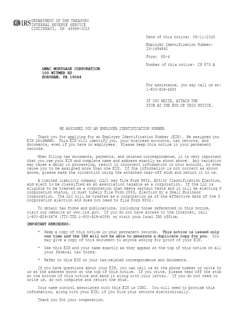 IRS Employer Identification Number Notice | PDF | Limited Liability ...