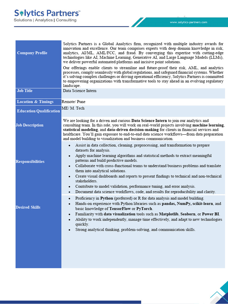 Data Science Intern Position at Solytics | PDF | Data Science | Machine ...
