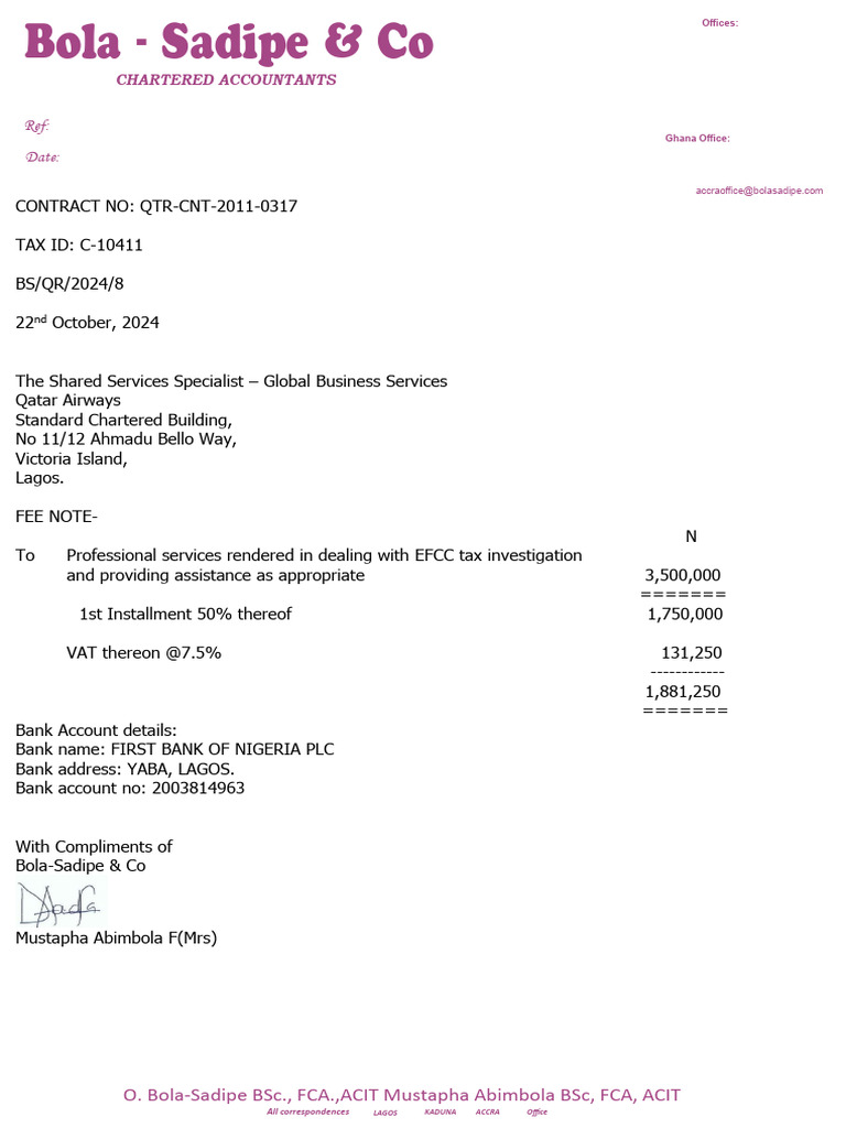 Invoice - Representation With EFCC | PDF