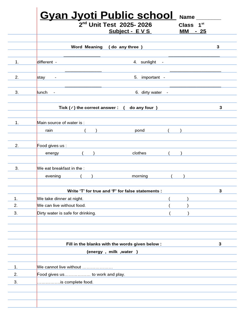 Class 1 EVS 2nd Unit Test 2025-2026 | PDF | Foods | Cuisine