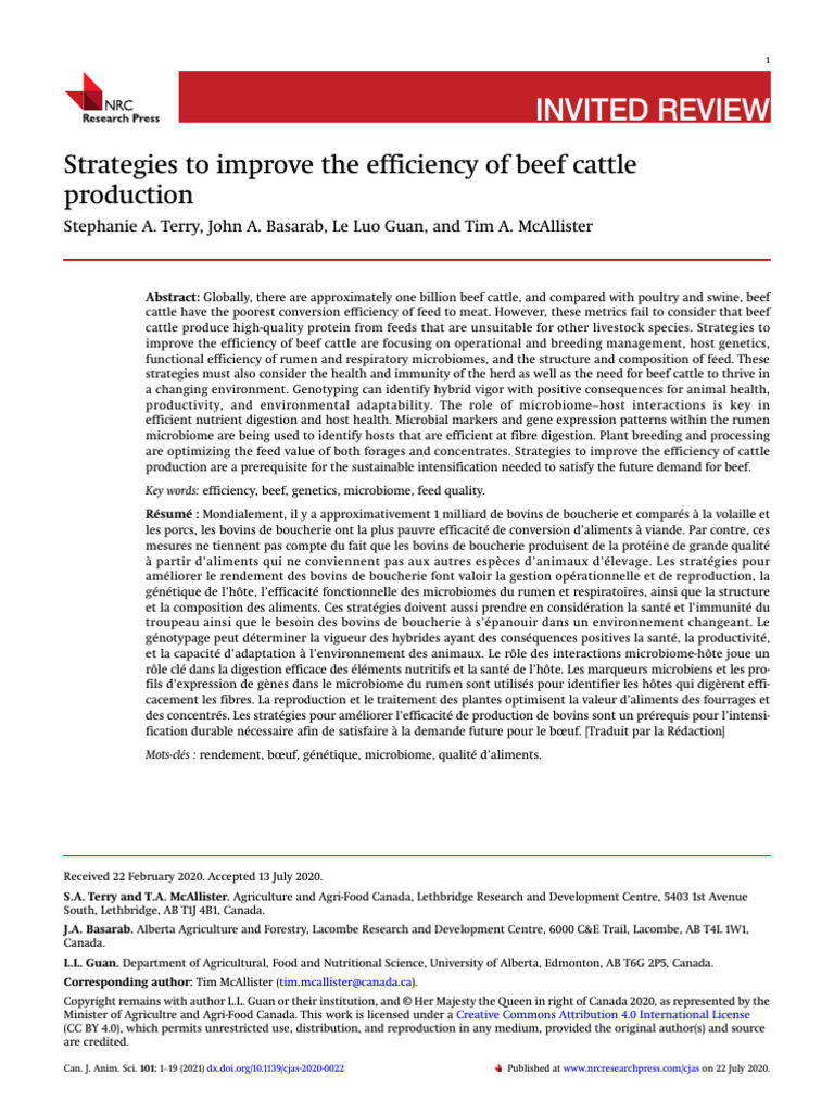 Terry Et Al 2020 Strategies To Improve The Efficiency of Beef Cattle ...
