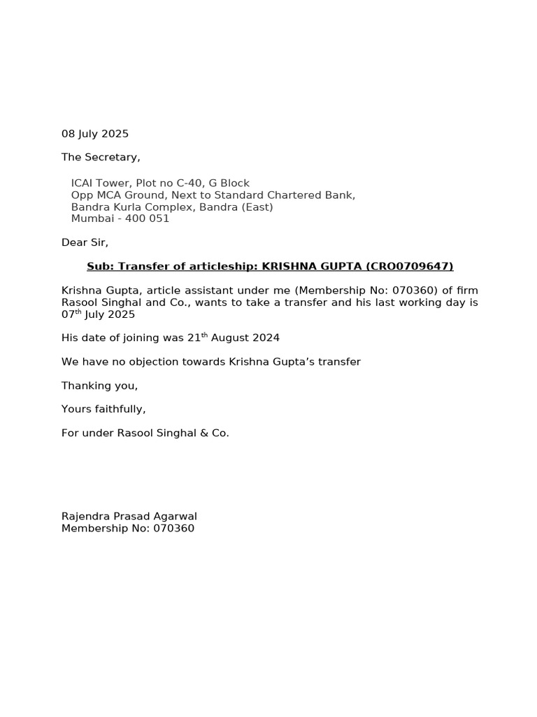 Articleship Transfer Request for Krishna Gupta | PDF