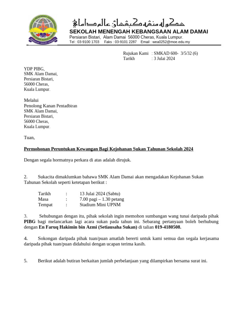 Surat Mohon Sumbangan Pibg Sukan 2024 | PDF