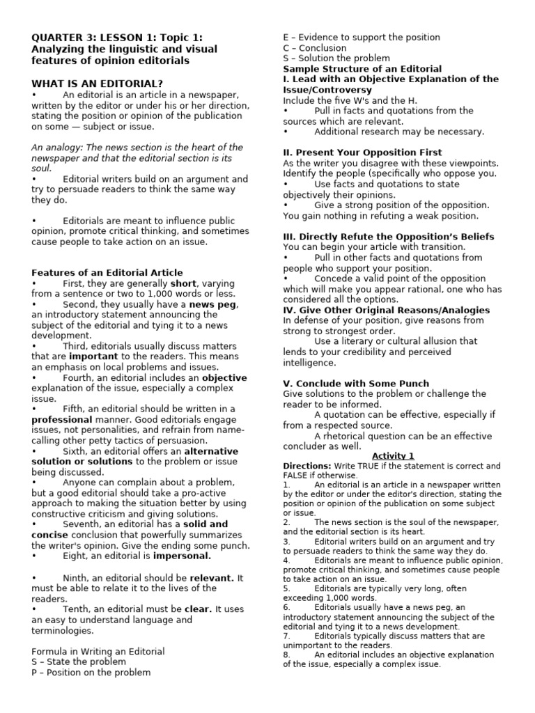 Features of Opinion Editorials Explained | PDF | Newspapers | News