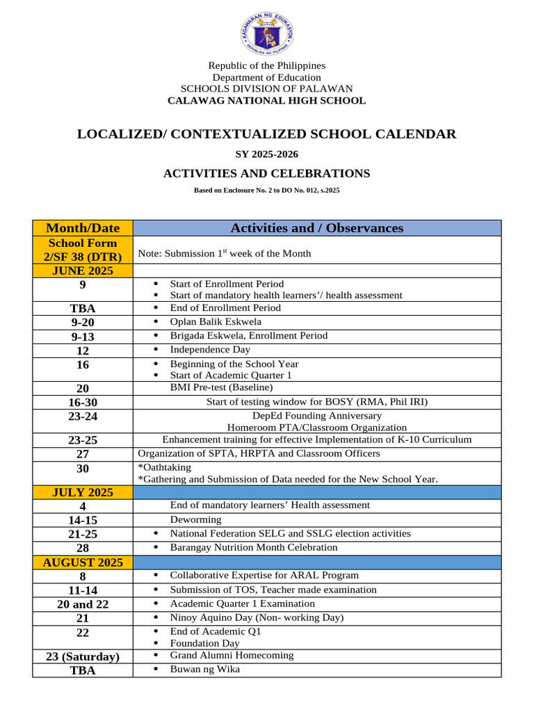 Contextualized School Calendar 2025 | PDF | Philippines | Observances