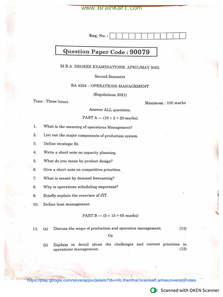 Operations Management - BA4204 2021 Regulation - Question Paper 2022 ...