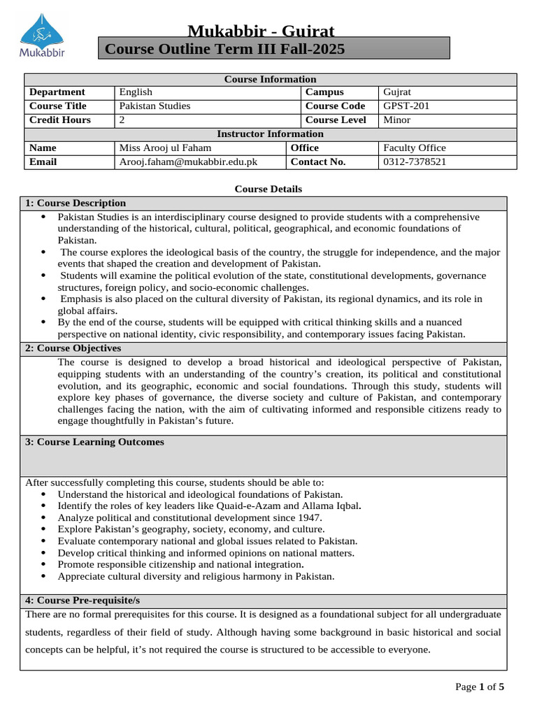 GPST-201 Pakistan Studies Course Outline | PDF | Pakistan | Argument