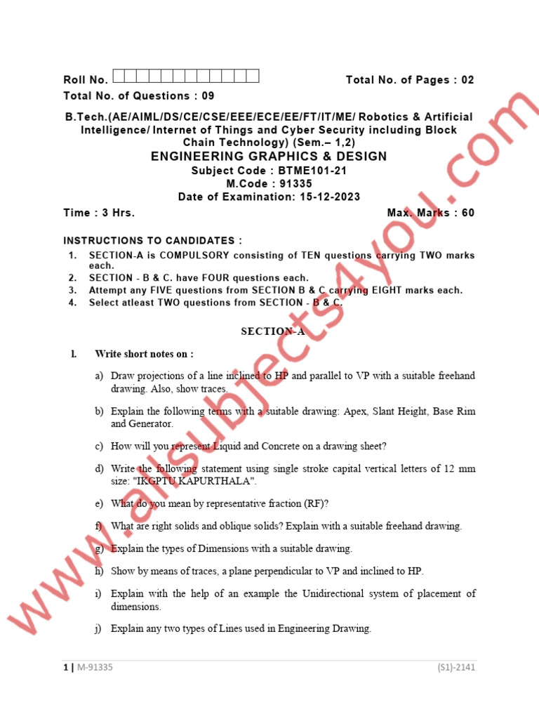 Engineering Graphics Exam Paper 2023 | PDF | Elementary Geometry ...