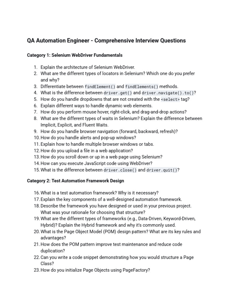 Selenium QA Automation Interview Questions | PDF | Selenium (Software ...