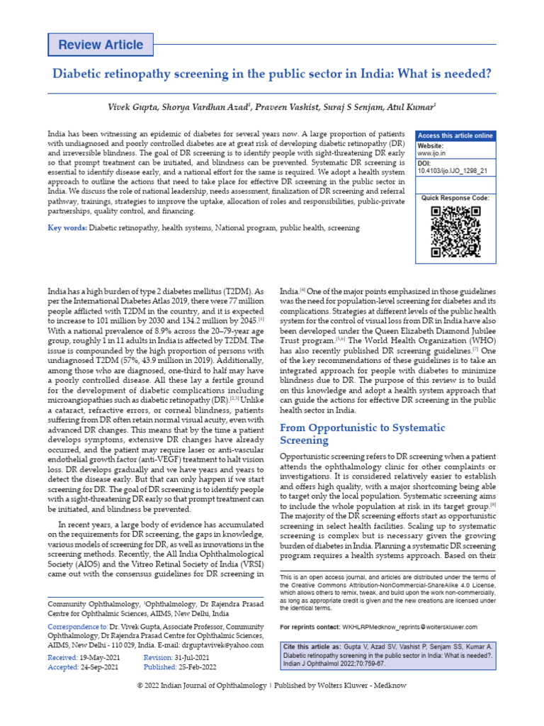 Diabetic Retinopathy Screening in India | PDF | Visual Impairment ...