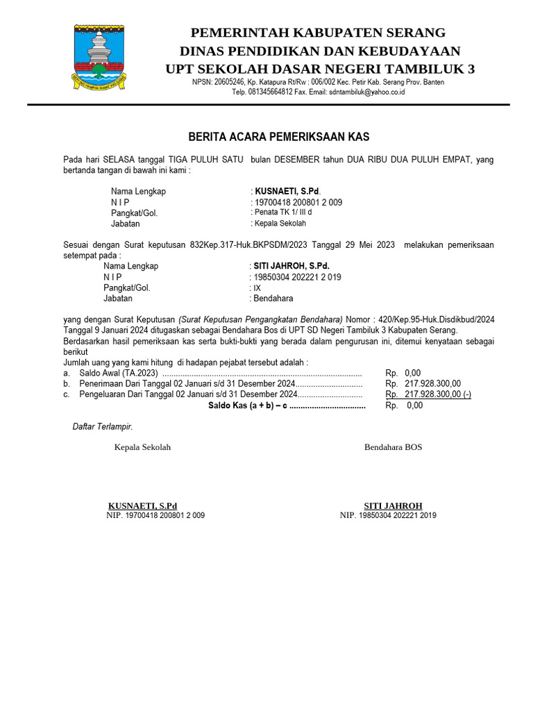 Berita Acara Pemeriksaan Kas SD Tambiluk 3 | PDF