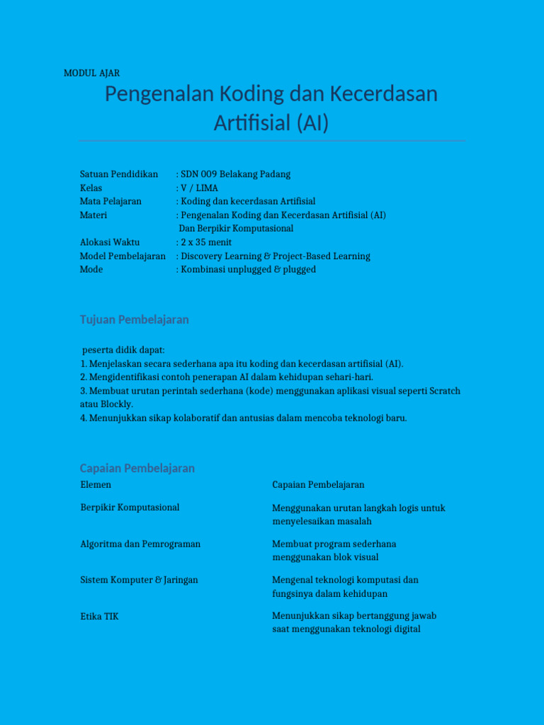 Pengenalan Koding dan AI untuk SD Kelas V | PDF