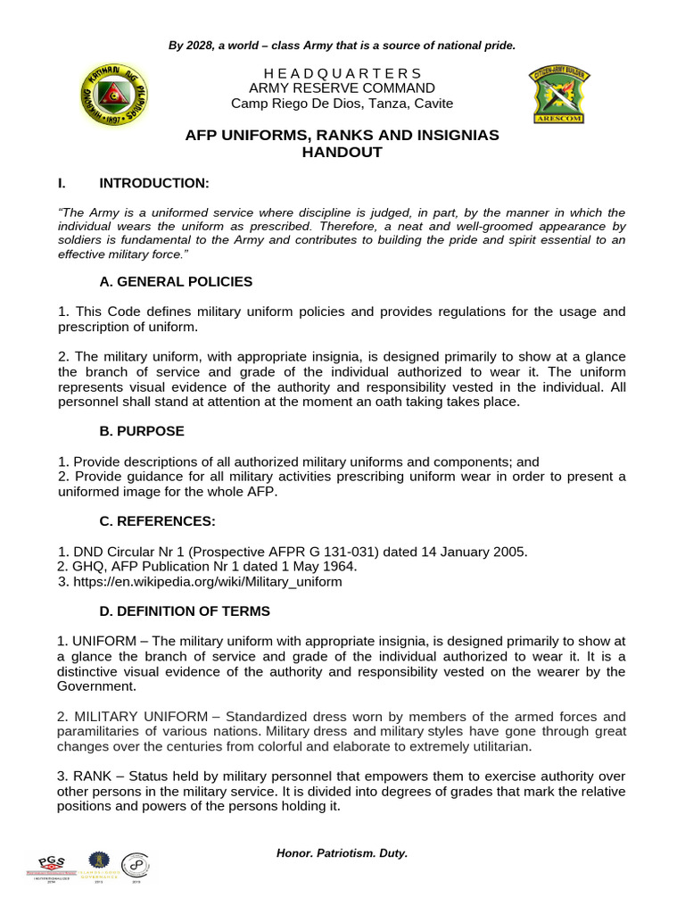 C Annex B1 Handout AFP Uniforms Ranks Insignias | PDF | Sergeant ...