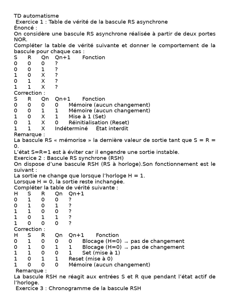 Bascule RS : Tables de vérité et exercices | PDF | Électronique ...