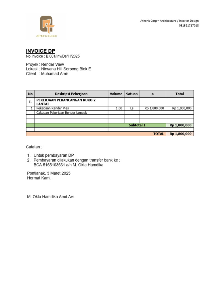 Invoice DP Proyek Render View Athenk Corp | PDF