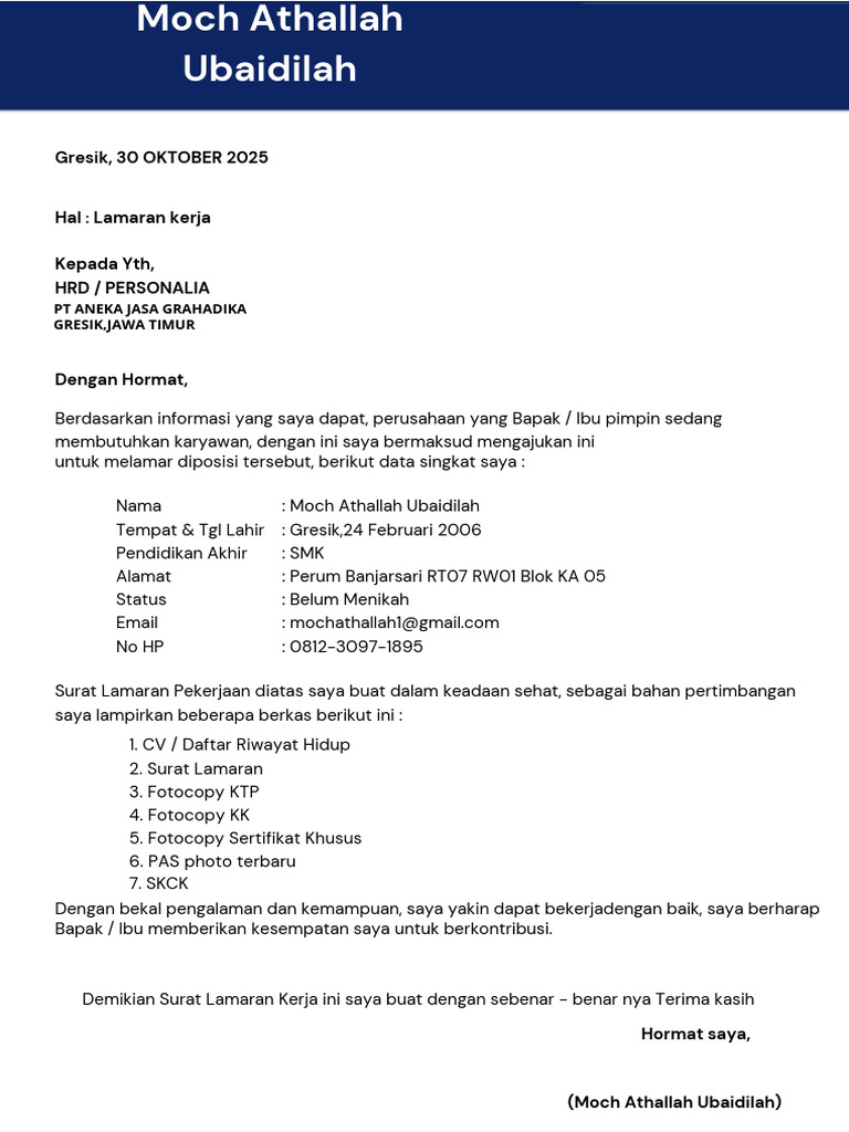 Lamaran Kerja Moch Athallah Ubaidilah | PDF