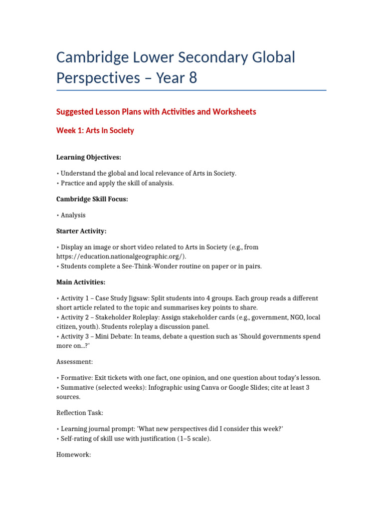 Year 8 Global Perspectives Lesson Plans | PDF | News | Homework