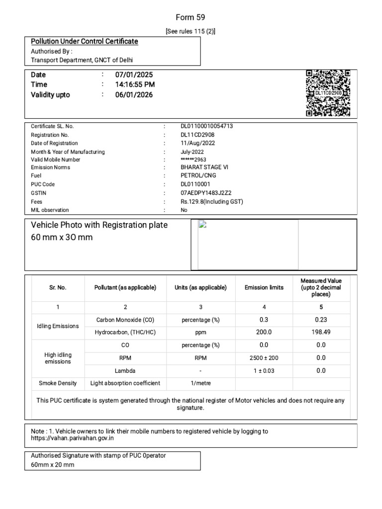Pollution Under Control Certificate DL11CD2908 | PDF | Exhaust Gas ...