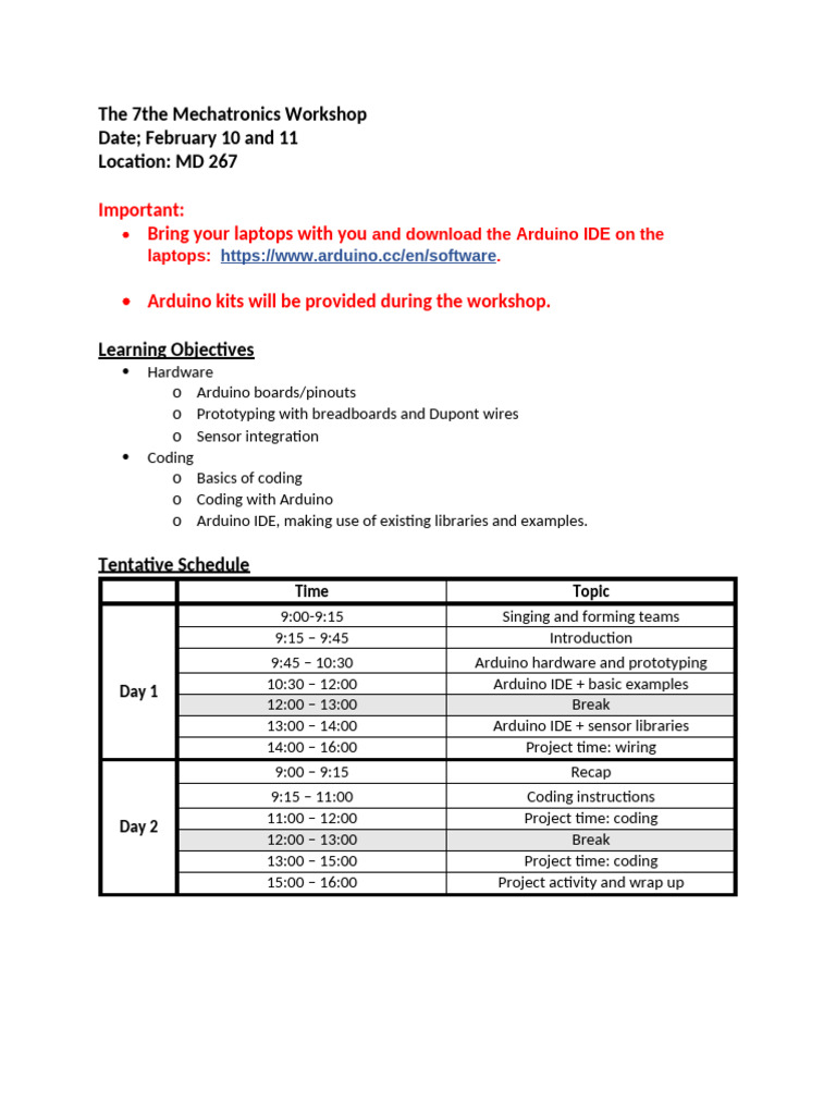 Mechatronics Workshop: Arduino Basics | PDF