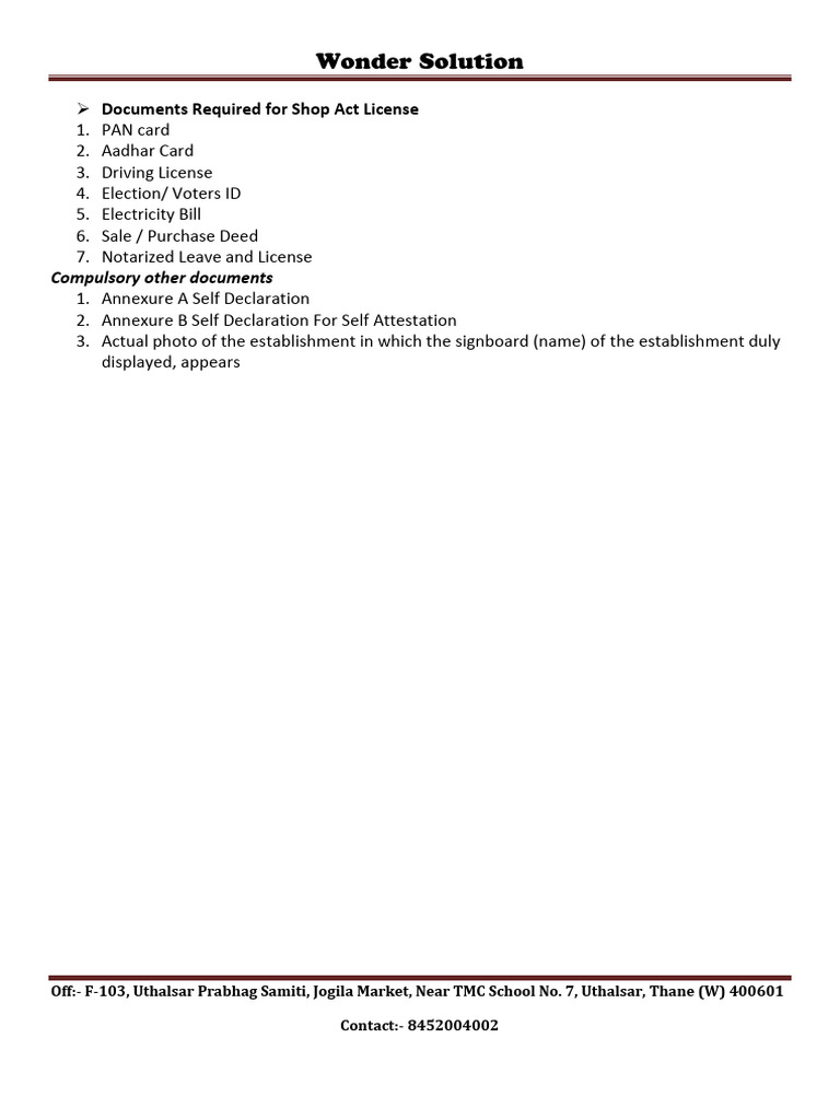 Shop Act License Document Requirements | PDF