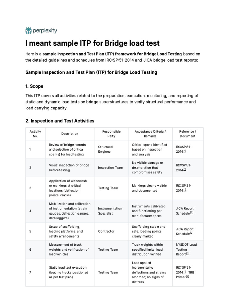 Sample ITP for Bridge Load Testing | PDF | Bridge | Fracture