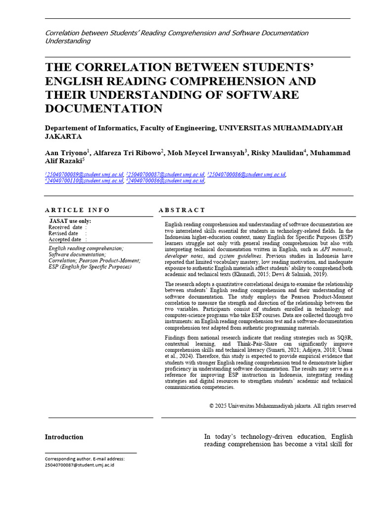 Reading Comprehension & Software Docs Correlation | PDF | Reading ...