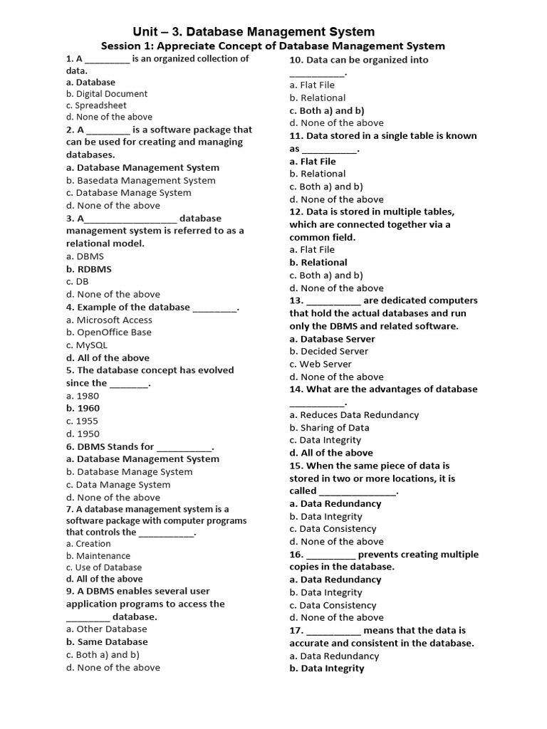 IT UNIT-3,4-MCQ Class 10 | PDF | Computer Network | Databases