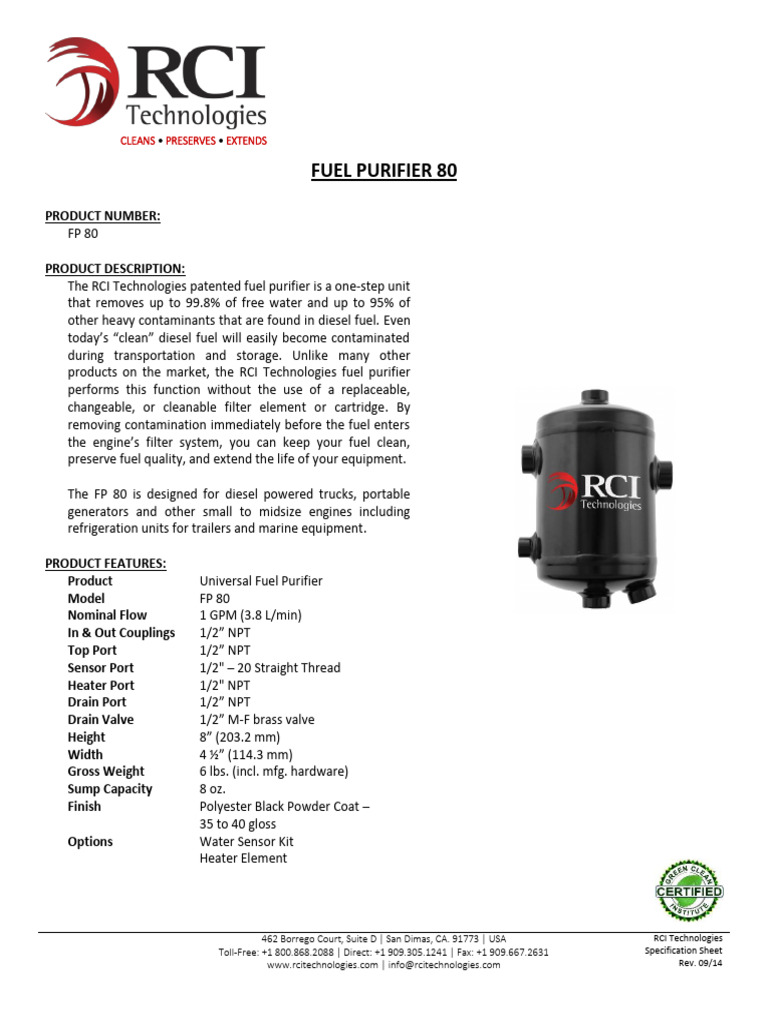 RCI Fuel Purifier FP 80 Specification Sheet | PDF