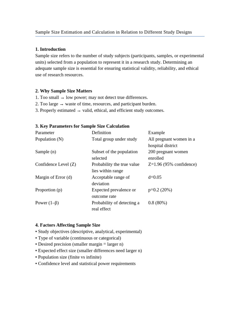 Sample Size Calculation for Research Designs | PDF | Sample Size ...