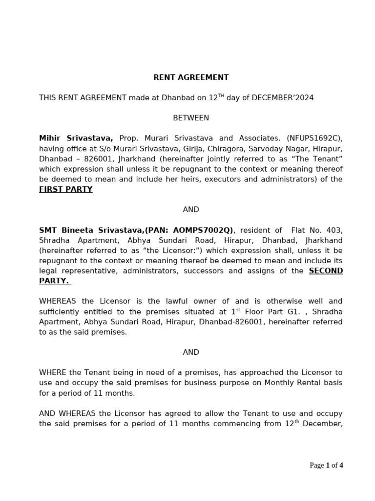 Dhanbad 11-Month Rent Agreement | PDF | Leasehold Estate | Lease
