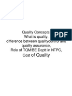 Quality Concepts: What Is Quality, Difference Between Qualitycontrol and Quality Assurance, Role of TQM/BE Deptt in NTPC, Cost