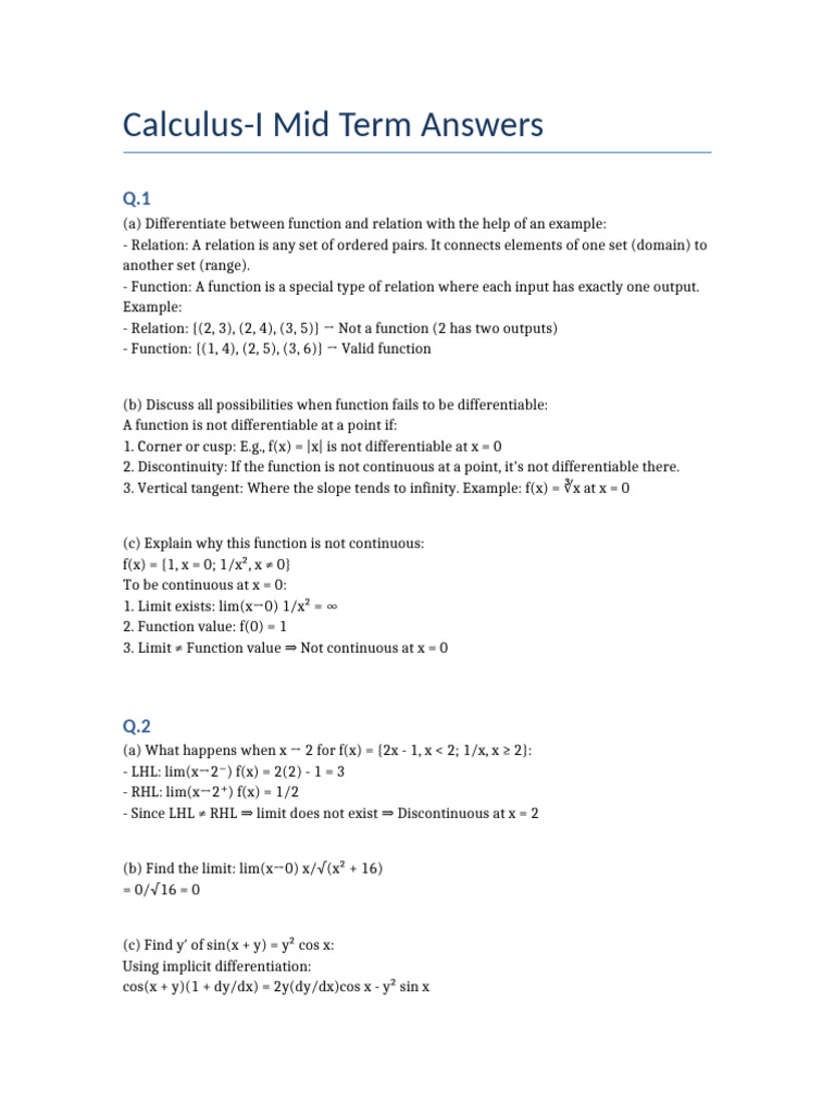 Calculus I Midterm Solutions and Concepts | PDF