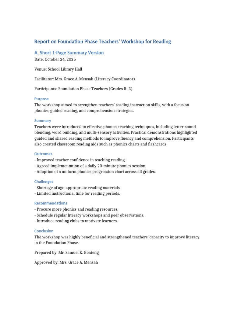 Foundation Phase Workshop Report | PDF | Phonics | Written Communication