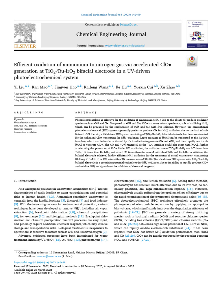 Efficient Ammonium Oxidation via ClO• Generation | PDF | Chlorine ...
