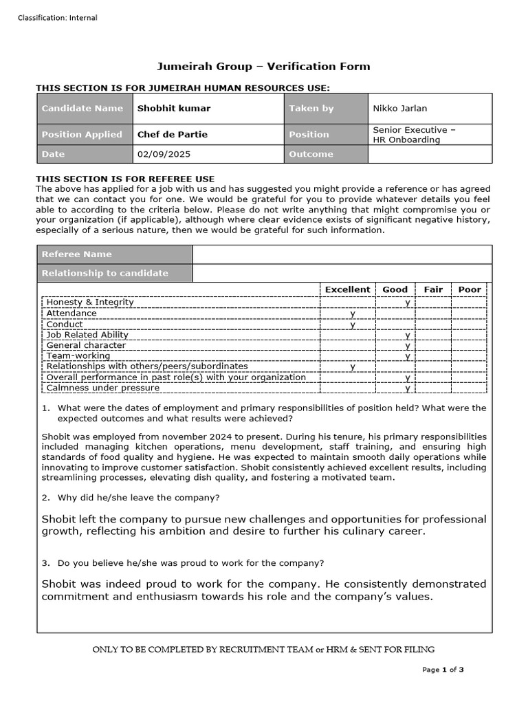 Chef de Partie Reference Verification Form | PDF | Industrial And ...