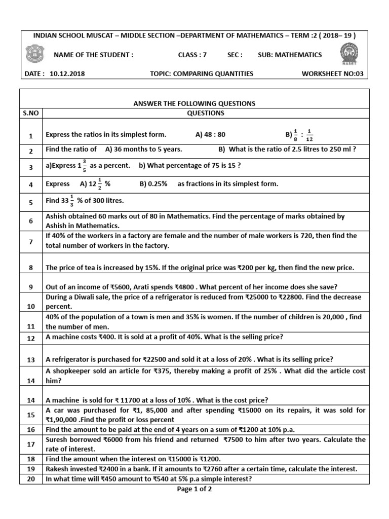 Class 7 Mathematics Comparing Quantities Worksheet | PDF | Interest ...