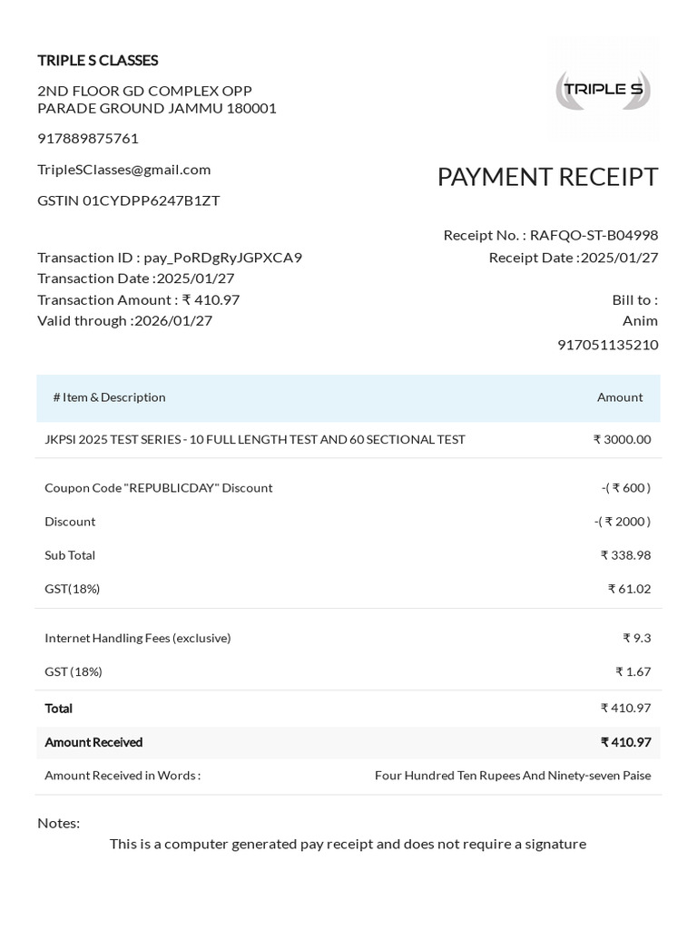 Payment Receipt for JKPSI Test Series | PDF