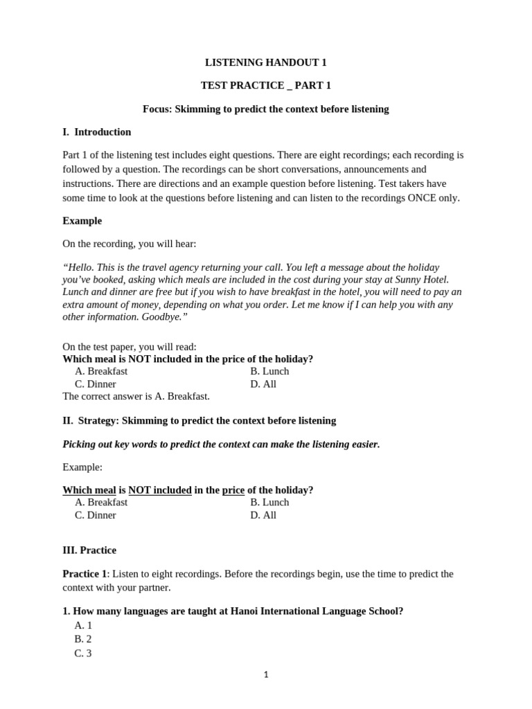 Listening Practice Test - Part 1 | PDF | Meal | Lunch