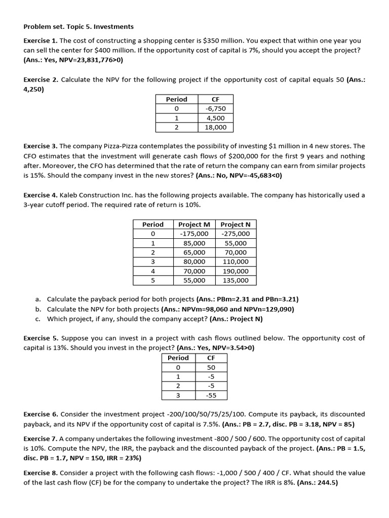 Investment Project Analysis and NPV Calculations | PDF | Net Present ...