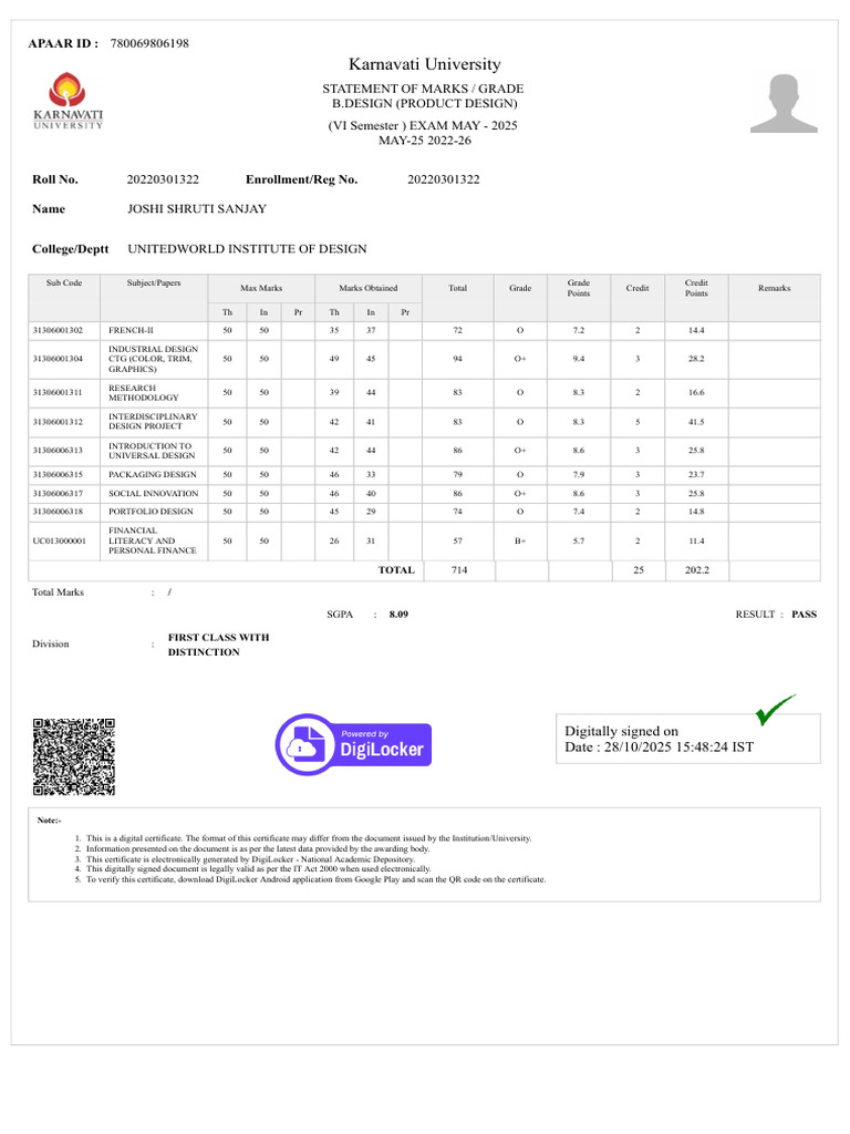 B.Design VI Semester Marks Statement | PDF