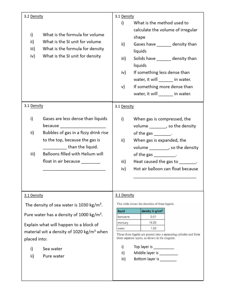 00. Flash card 4 | PDF | Density | Gases