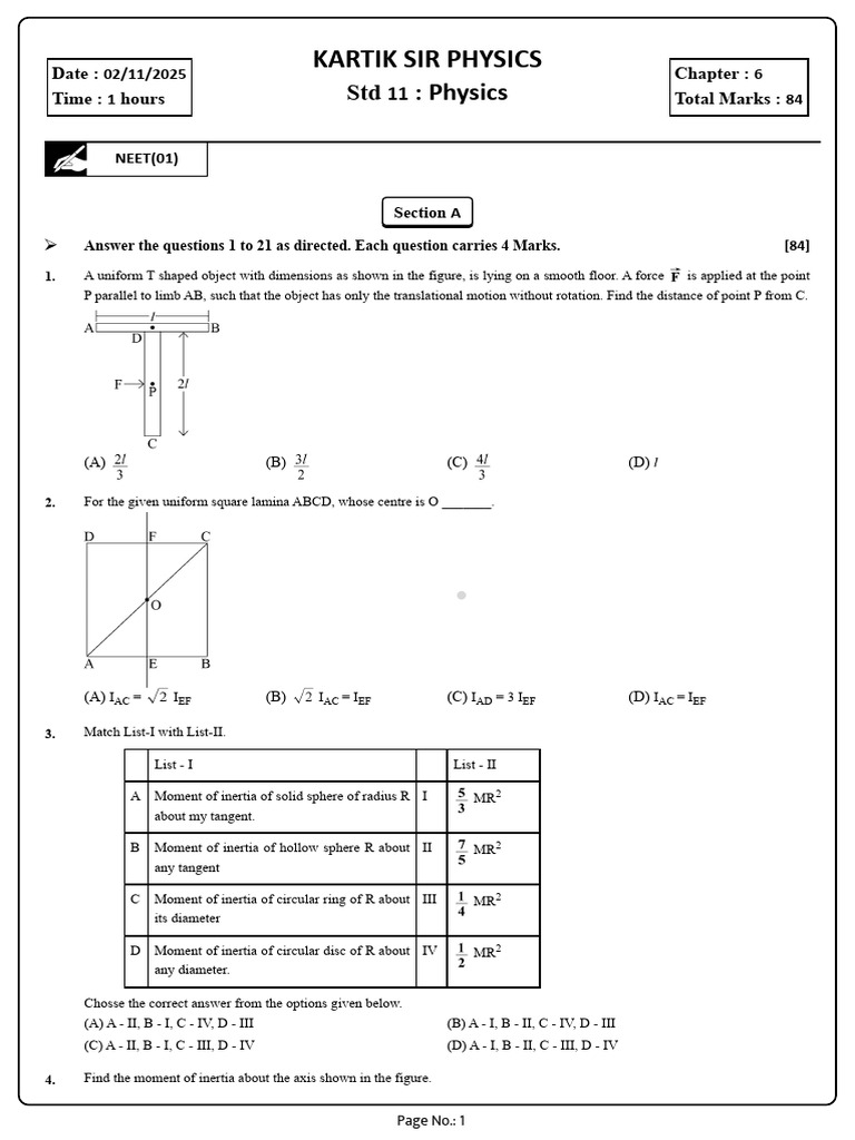 NEET(01) | PDF | Rotation Around A Fixed Axis | Angular Momentum