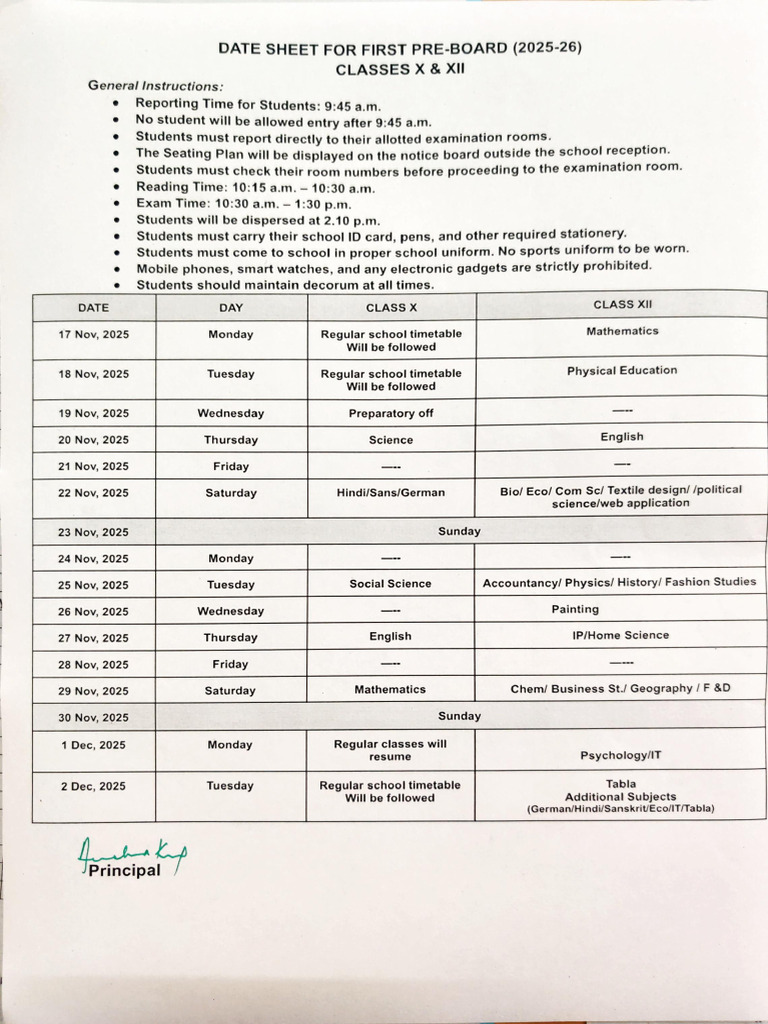 Pre Board1 Datesheet X, XII | PDF
