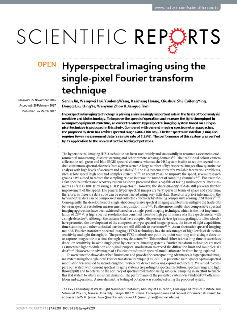 Single-Pixel Fourier Transform Hyperspectral Imaging | PDF ...