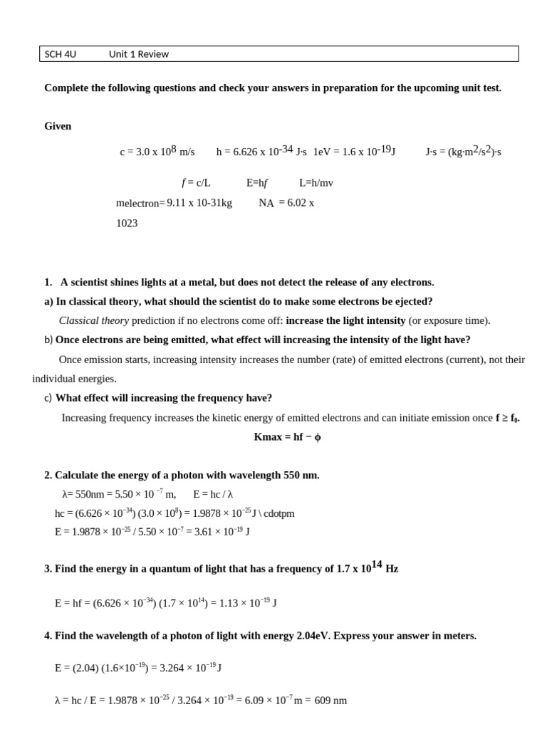 Unit Test Prep: Quantum Physics Concepts | PDF | Chemical Polarity ...